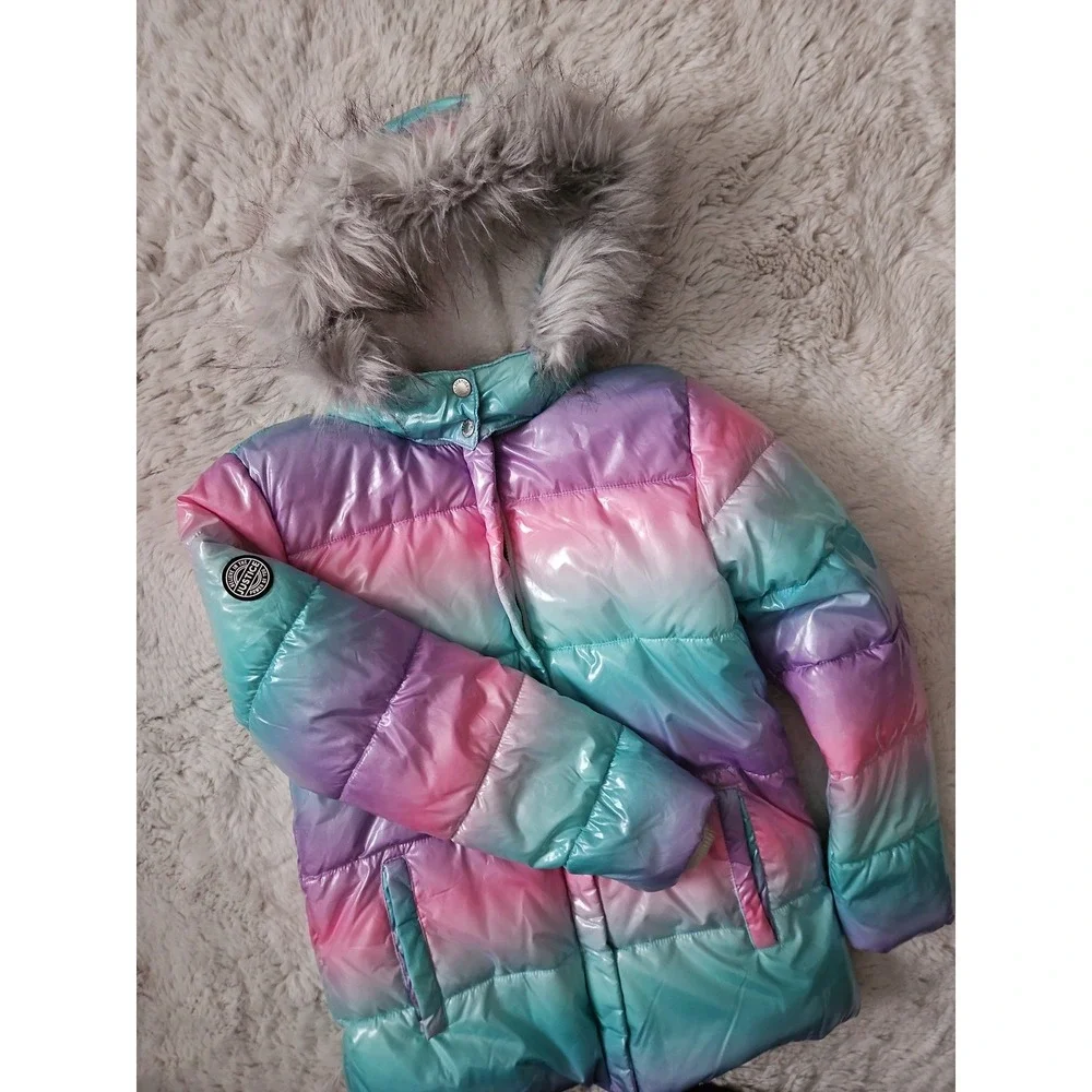 Justice Girls Ombre Metallic Puffer Jacket with Removable Faux Fur Hood